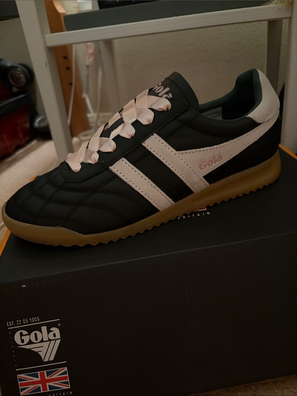 Gola Black Stadium Sneakers with Light Pink Stripes & Gum Sole